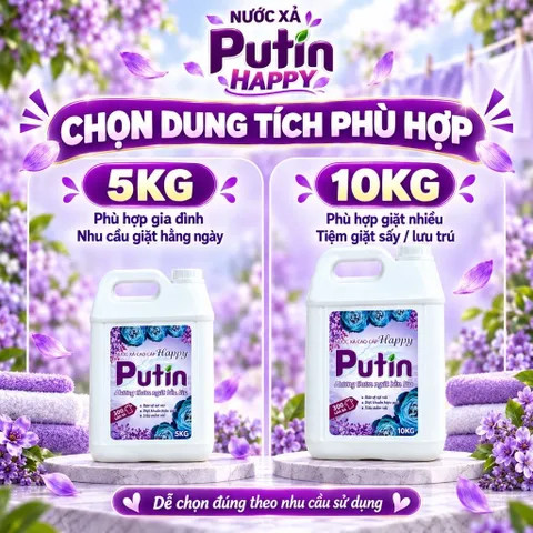 Nước Xả Vải Putin Happy 10KG Can Lớn Hạt Lưu Hương Thơm Lâu Sau Phơi Sấy Làm Mềm Vải