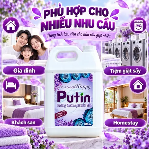 Nước Xả Vải Putin Happy 10KG Can Lớn Hạt Lưu Hương Thơm Lâu Sau Phơi Sấy Làm Mềm Vải