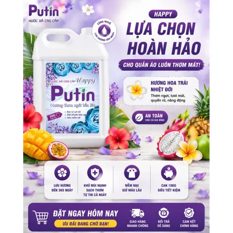 Nước Xả Vải Putin Happy 10KG Can Lớn Hạt Lưu Hương Thơm Lâu Sau Phơi Sấy Làm Mềm Vải