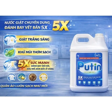 Nước Giặt Chuyên Dụng Putin 5X Pro Clean 10KG – Giặt Trắng, Khử Mùi Mạnh – Hàng Cho Tiệm Giặt