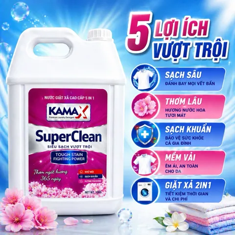 Nước giặt xả 10KG Kamax Super Clean 5in1 – Sạch sâu – Thơm lâu – Tiết kiệm cho cả gia đình