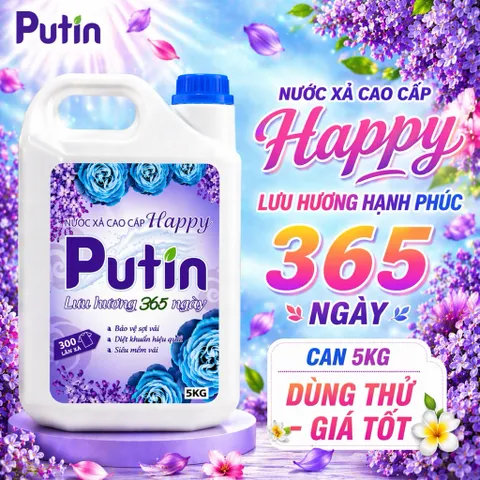 Nước Xả Vải Putin Happy Can 5kg 10kg Lưu Hương Hạnh Phúc Hương Hoa Cỏ Thanh Mát Dịu Êm