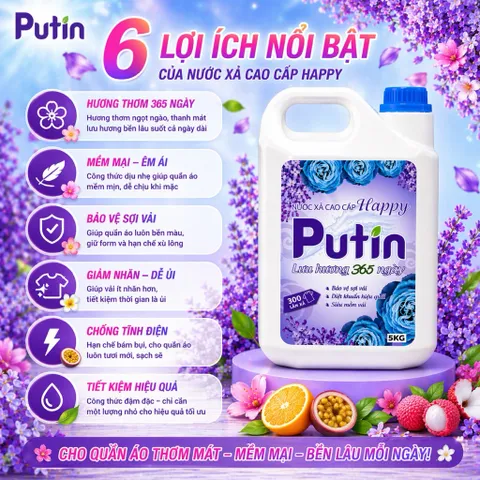 Nước Xả Vải Putin Happy Can 5kg 10kg Lưu Hương Hạnh Phúc Hương Hoa Cỏ Thanh Mát Dịu Êm