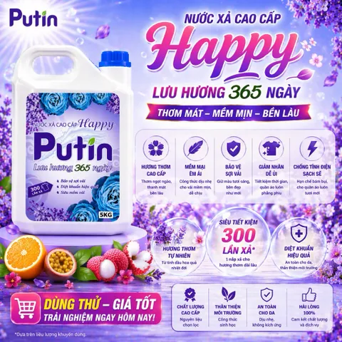 Nước Xả Vải Putin Happy Can 5kg 10kg Lưu Hương Hạnh Phúc Hương Hoa Cỏ Thanh Mát Dịu Êm