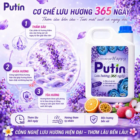 Nước Xả Vải Putin Happy Can 5kg 10kg Lưu Hương Hạnh Phúc Hương Hoa Cỏ Thanh Mát Dịu Êm