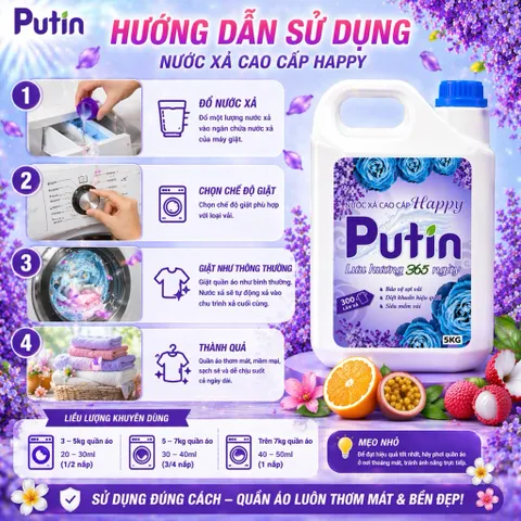 Nước Xả Vải Putin Happy Can 5kg 10kg Lưu Hương Hạnh Phúc Hương Hoa Cỏ Thanh Mát Dịu Êm