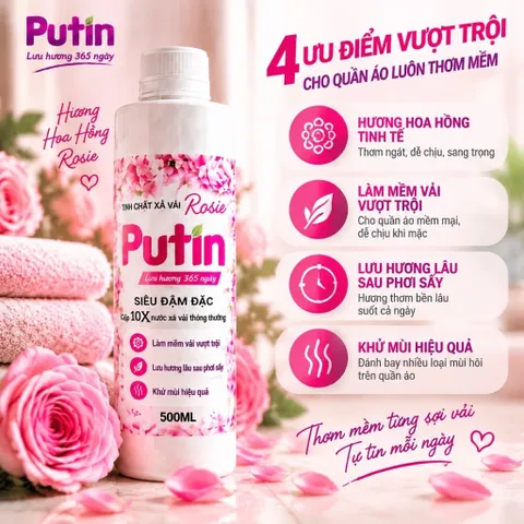 Tinh Cốt Xả Vải Putin Rosie 500ml Hạt Lưu Hương Đậm Đặc Gấp 10 Lần Làm Mềm Vải Thơm Lâu Sau Phơi Sấy