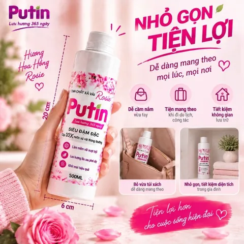 Tinh Cốt Xả Vải Putin Rosie 500ml Hạt Lưu Hương Đậm Đặc Gấp 10 Lần Làm Mềm Vải Thơm Lâu Sau Phơi Sấy