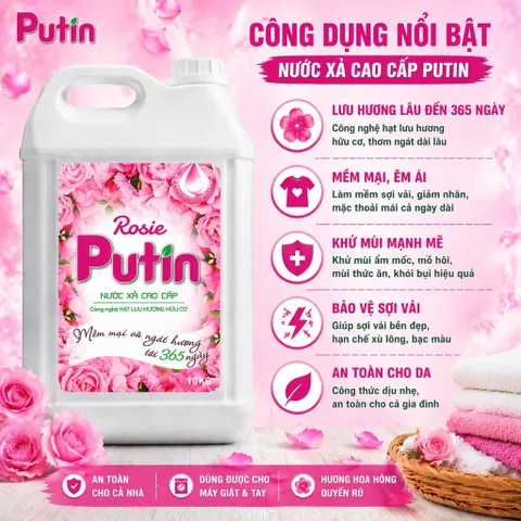 Nước xả vải Putin Rosie 10Kg Lưu Hương Sau Phơi Sấy Tiết Kiệm Cho Gia Đình & Tiệm Giặt