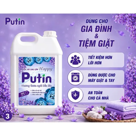 Nước xả vải Putin Happy 10KG Lưu Hương Lâu Sau Phơi Sấy Tiết Kiệm Cho Gia Đình & Tiệm Giặt
