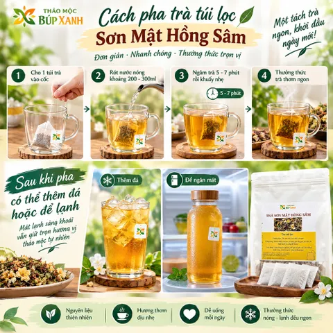 Trà Sơn Mật Hồng Sâm Túi Lọc 60 gói Thảo Mộc Búp Xanh thanh nhiệt, da sáng ngủ ngon, lợi tiểu, tiêu mỡ