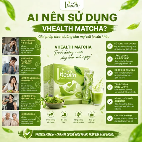 Bột dinh dưỡng Vhealth trà xanh matcha 500g 20 gói, ngũ cốc hỗn hợp hạt, protein thực vật, chất xơ FOS Inulin 824321