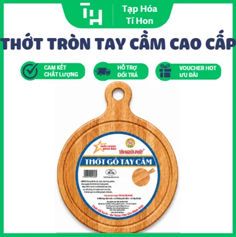 Thớt Gỗ Tay Cầm Tròn Cao Cấp, bề mặt sáng mịn và có các đường vân gỗ nổi bật (TH737)
