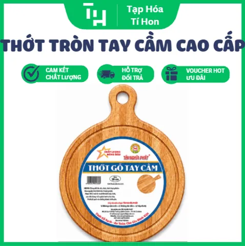 Thớt Gỗ Tay Cầm Tròn Cao Cấp, bề mặt sáng mịn và có các đường vân gỗ nổi bật (TH737)