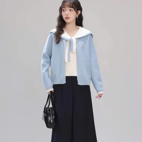 Áo len xanh thắt dây cổ thủy thủ lồng kèm áo cardigan 2 trong 1