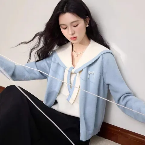 Áo len xanh thắt dây cổ thủy thủ lồng kèm áo cardigan 2 trong 1