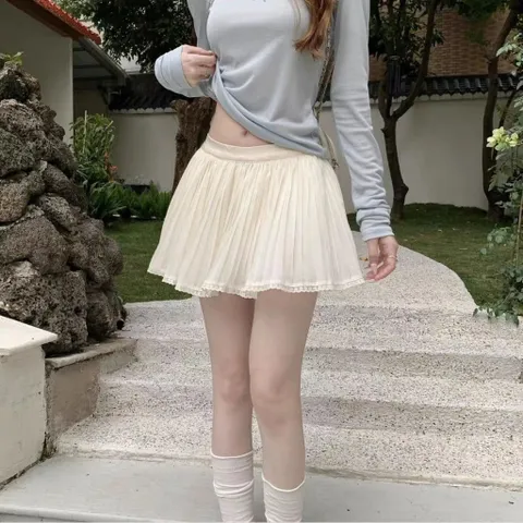 Chân Váy Voan Lưới Xếp Ly Ngắn Dáng Ballet Viền Ren Phong Cách Tiểu Thư Ngọt Ngào