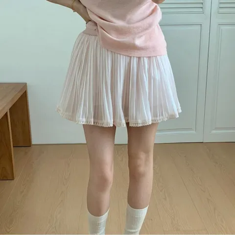 Chân Váy Voan Lưới Xếp Ly Ngắn Dáng Ballet Viền Ren Phong Cách Tiểu Thư Ngọt Ngào