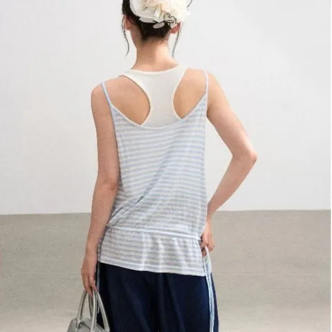 Áo hai dây nữ kẻ sọc phối lớp giả hai chi tiết dây rút eo phong cách Hàn Quốc, áo ba lỗ tanktop nữ năng động