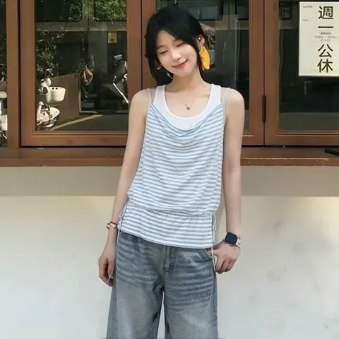 Áo hai dây nữ kẻ sọc phối lớp giả hai chi tiết dây rút eo phong cách Hàn Quốc, áo ba lỗ tanktop nữ năng động