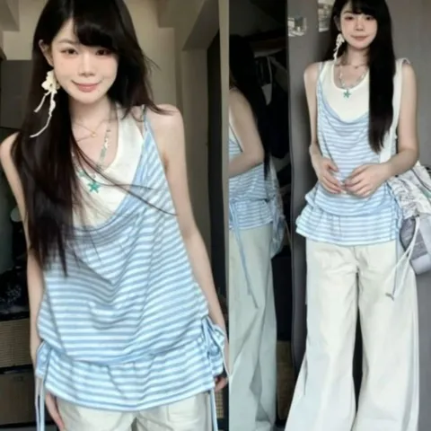 Áo hai dây nữ kẻ sọc phối lớp giả hai chi tiết dây rút eo phong cách Hàn Quốc, áo ba lỗ tanktop nữ năng động