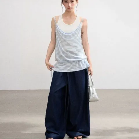 Áo hai dây nữ kẻ sọc phối lớp giả hai chi tiết dây rút eo phong cách Hàn Quốc, áo ba lỗ tanktop nữ năng động