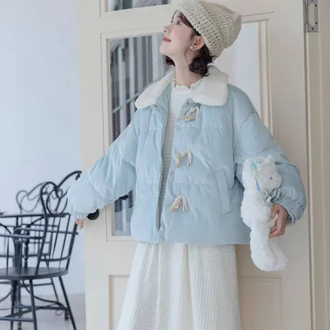Áo phao nhung cổ bẻ lông cừu phối cúc khuy sừng gỗ mỏng nhẹ ngọt ngào