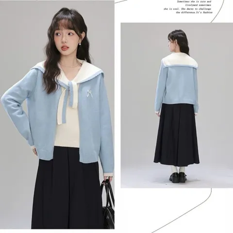 Áo len xanh thắt dây cổ thủy thủ lồng kèm áo cardigan 2 trong 1