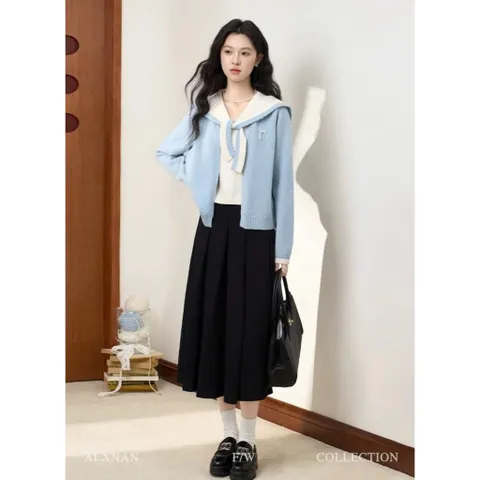 Áo len xanh thắt dây cổ thủy thủ lồng kèm áo cardigan 2 trong 1
