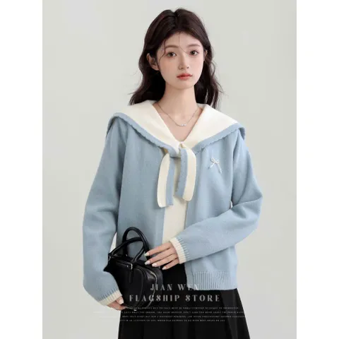 Áo len xanh thắt dây cổ thủy thủ lồng kèm áo cardigan 2 trong 1