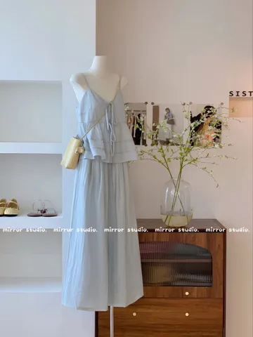 Set bộ nữ thiết kế áo hai dây buộc nơ kèm quần suông dài ống rộng thướt tha, phong cách tiểu thư vintage ngọt ngào