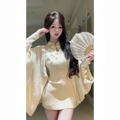 Set đầm len body kiểu cúc cổ trang kèm áo choàng tay phồng