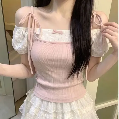 Áo kiểu nữ thun gân màu hồng phối nơ tiểu thư và hoa nhí ngọt ngào