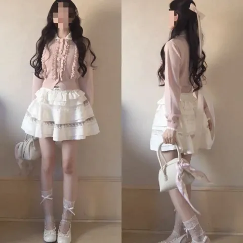 Áo len hồng dáng ngắn cổ bẻ lượn bèo đính cúc tiểu thư