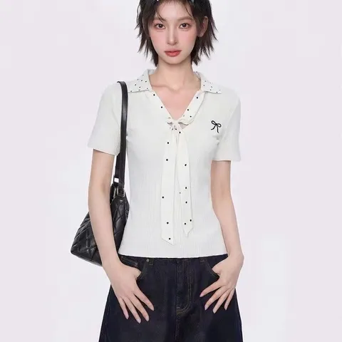 Áo Len Tăm Nữ Ngắn Tay Cổ V Thắt Nơ Phối Họa Tiết Chấm Bi Xinh Xắn Phong Cách Hàn Quốc