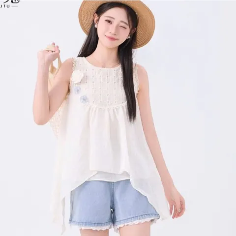 Set Bộ Áo Babydoll Trắng Kem Phối Ren Lỗ Đính Hoa Và Đầm Xòe Công Chúa Dễ Thương Cho Nữ