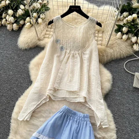 Set Bộ Áo Babydoll Trắng Kem Phối Ren Lỗ Đính Hoa Và Đầm Xòe Công Chúa Dễ Thương Cho Nữ