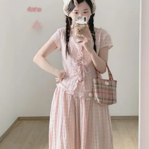 Set áo và váy kẻ caro hồng phấn cổ bèo nhún phối dây hoa buộc tiểu thư cho nữ