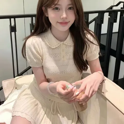 Set bộ áo len tăm dệt kim cổ bẻ kèm chân váy chữ A xếp ly màu kem style Hàn Quốc sang chảnh