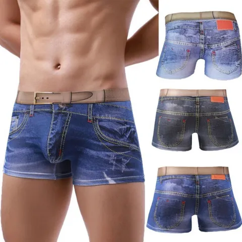 Quần sịp đùi nam họa tiết quần bò dáng boxer độc lạ. Quần sịp boxer nam họa tiết bò phối thắt lưng mặc nhà