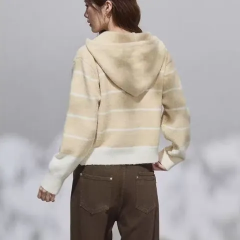 Áo khoác len hoodie có mũ kéo zip kẻ ngang phong cách Hàn Quốc