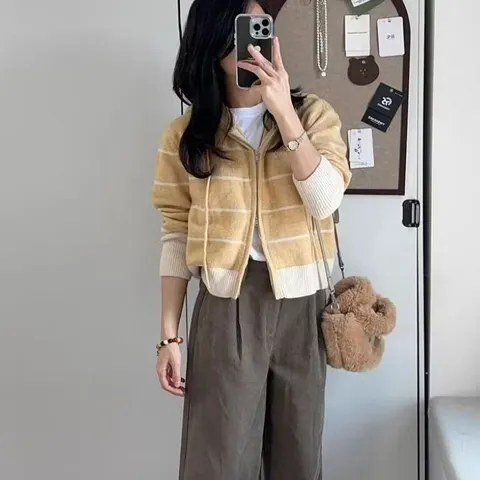 Áo khoác len hoodie có mũ kéo zip kẻ ngang phong cách Hàn Quốc