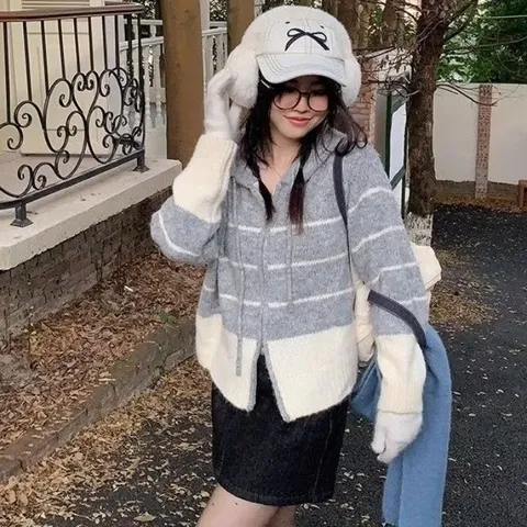 Áo khoác len hoodie có mũ kéo zip kẻ ngang phong cách Hàn Quốc