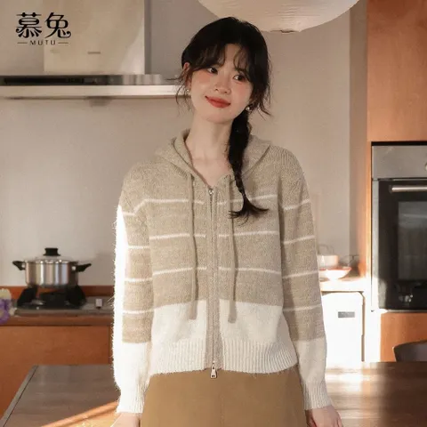Áo khoác len hoodie có mũ kéo zip kẻ ngang phong cách Hàn Quốc
