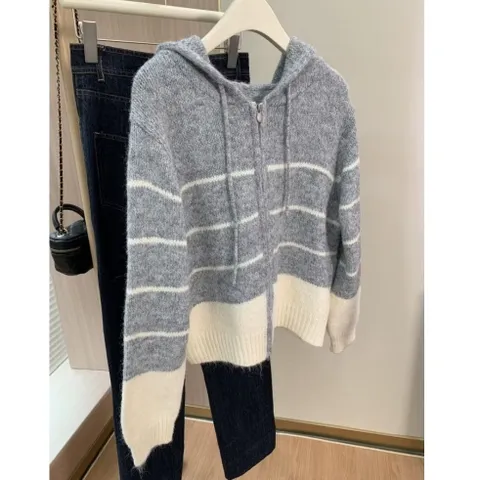 Áo khoác len hoodie có mũ kéo zip kẻ ngang phong cách Hàn Quốc