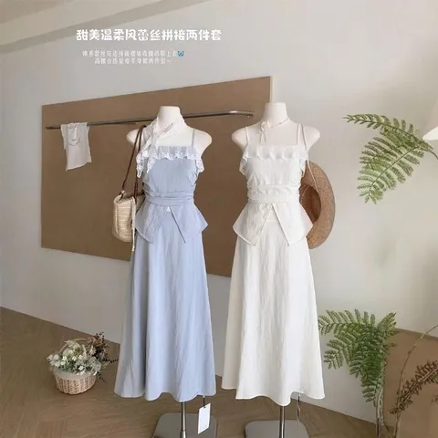 Set váy hai dây trơn màu viền ren trắng bèo đi biển nhẹ nhàng
