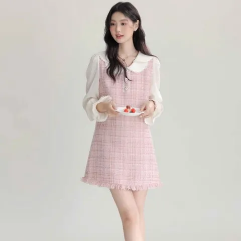 Đầm suông dạ gai hồng phối trắng cổ bẻ nhẹ nhàng tiểu thư