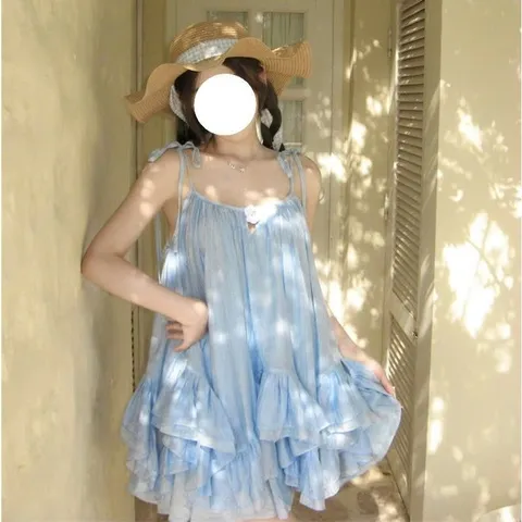 Set bộ váy hai dây xanh xòe tầng bèo mùa hè đi biển
