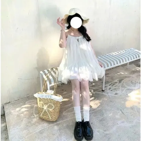 Set bộ váy hai dây xanh xòe tầng bèo mùa hè đi biển