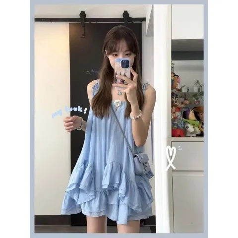Set bộ váy hai dây xanh xòe tầng bèo mùa hè đi biển
